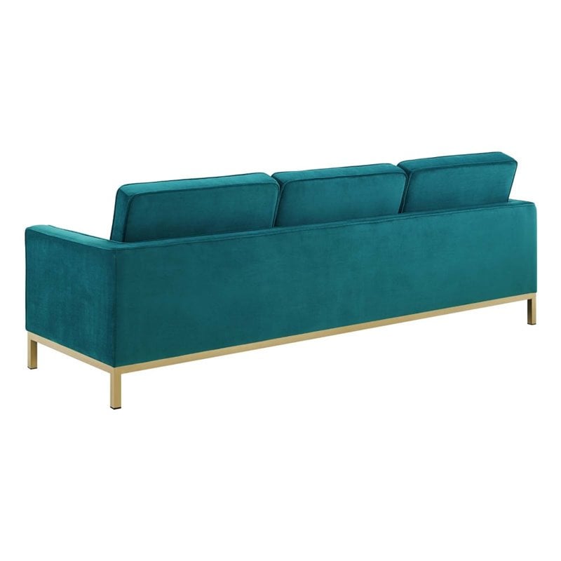 Maklaine Stainless Steel Leg Performance Velvet Sofa in Gold/Teal