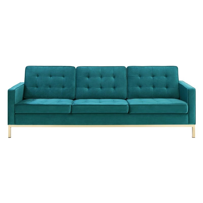 Maklaine Stainless Steel Leg Performance Velvet Sofa in Gold/Teal