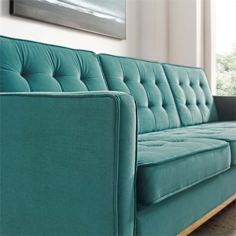 Maklaine Stainless Steel Leg Performance Velvet Sofa in Gold/Teal