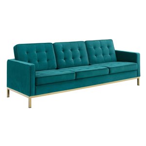 Maklaine Stainless Steel Leg Performance Velvet Sofa in Gold/Teal