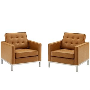 Maklaine Modern Faux Leather Armchair in Silver/Tan (Set of 2)