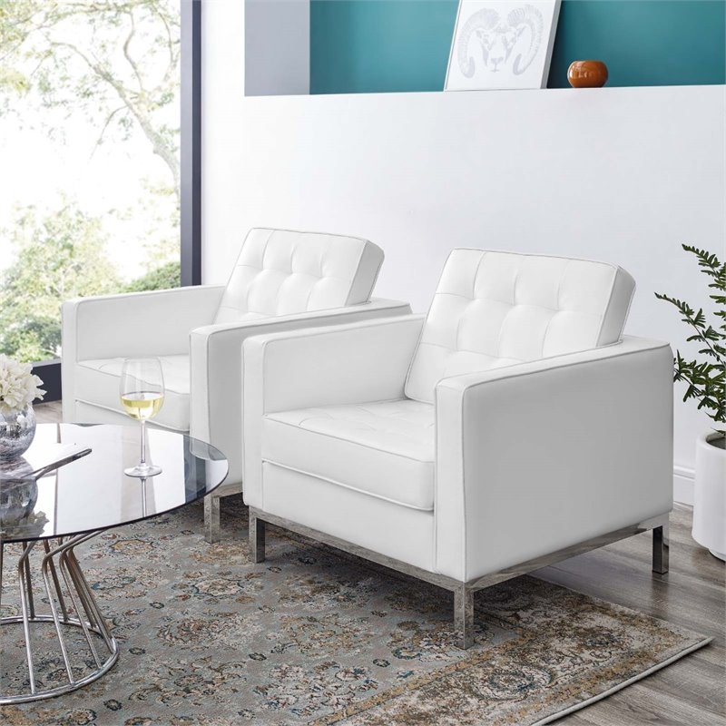 Maklaine Modern Faux Leather Armchair in Silver/White (Set of 2)