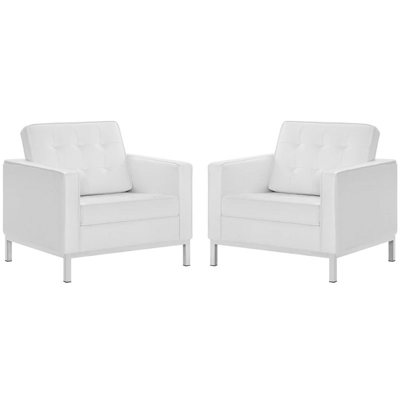 Maklaine Modern Faux Leather Armchair in Silver/White (Set of 2)