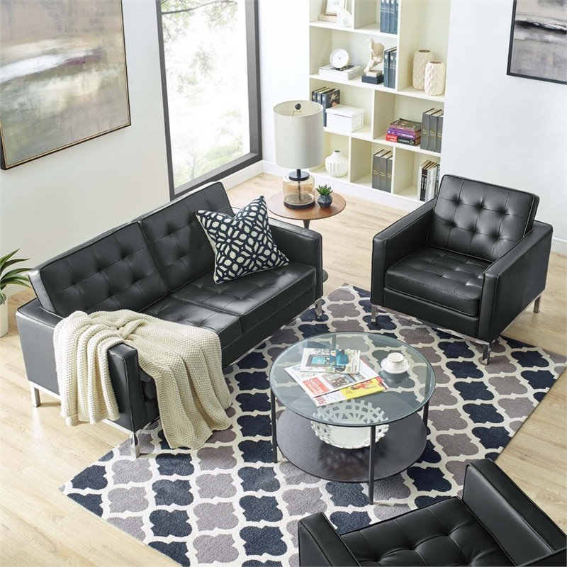Maklaine 2-Piece Modern Faux Leather Loveseat and Armchair Set in Black