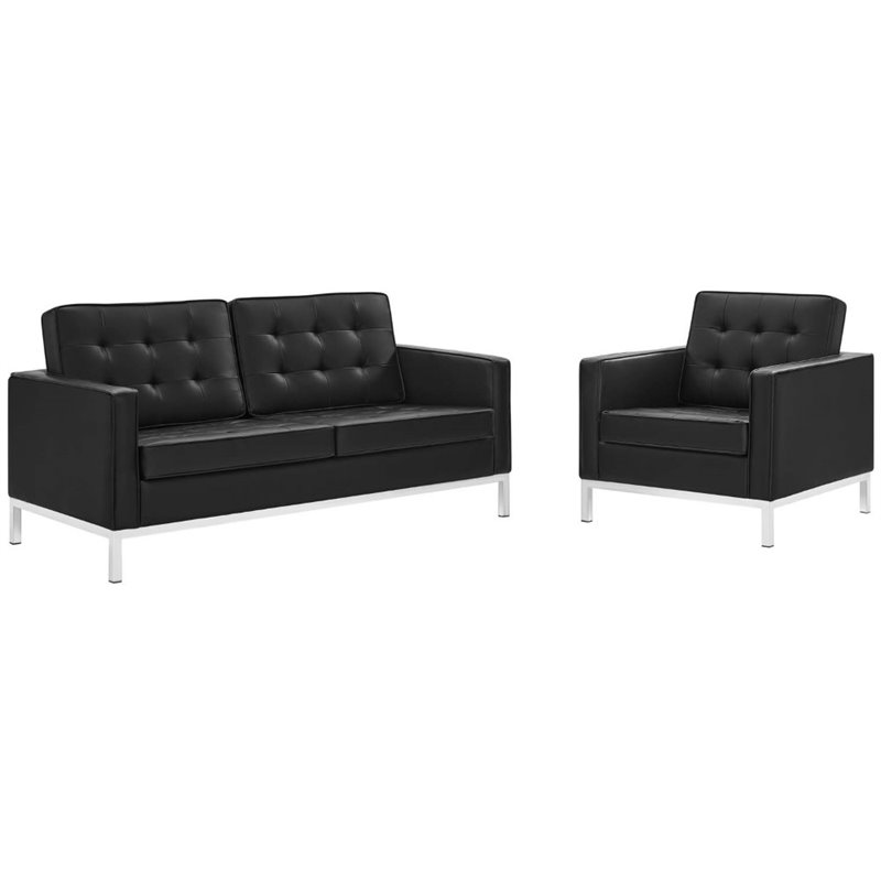 Maklaine 2-Piece Modern Faux Leather Loveseat and Armchair Set in Black