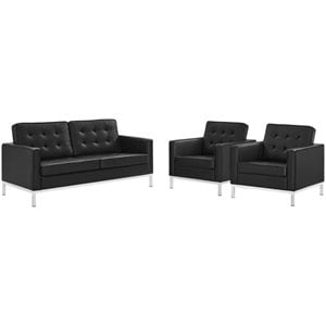 Maklaine 3-Piece Tufted Upholstered Faux Leather Sofa Set in Black/Silver