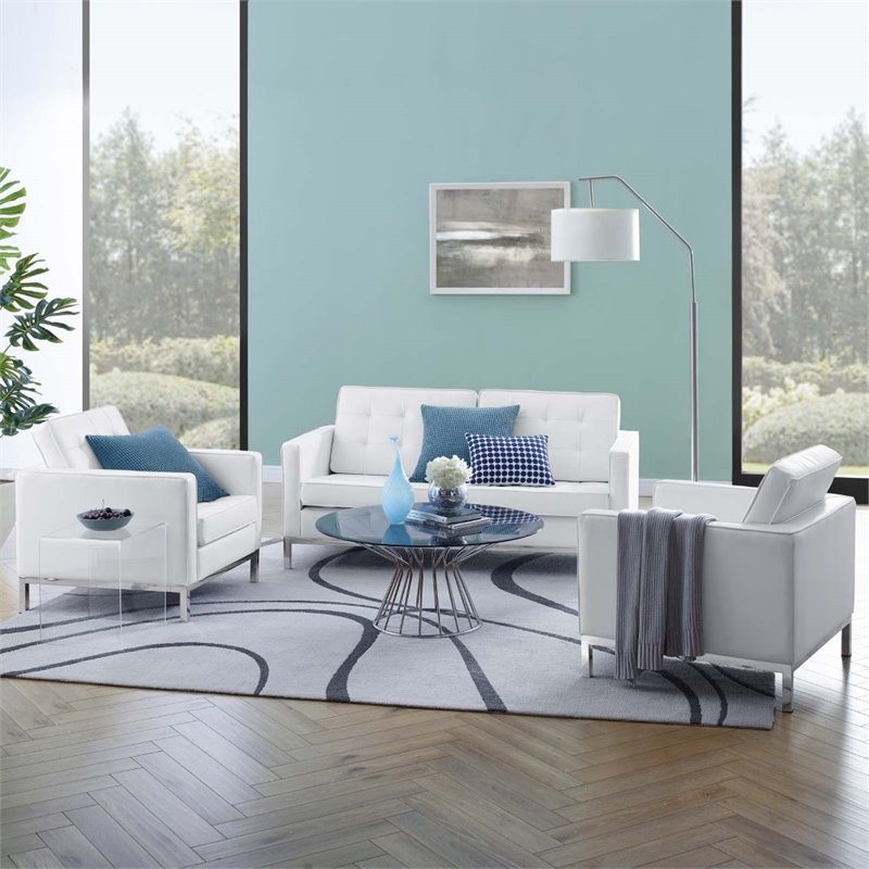 Maklaine 3-Piece Modern Tufted Faux Leather Sofa Set in White/Silver