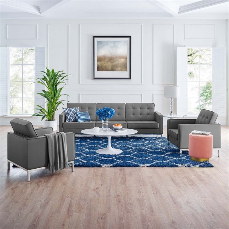 Maklaine 3-Piece Vegan Leather Upholstered Sofa Set in Silver/Gray