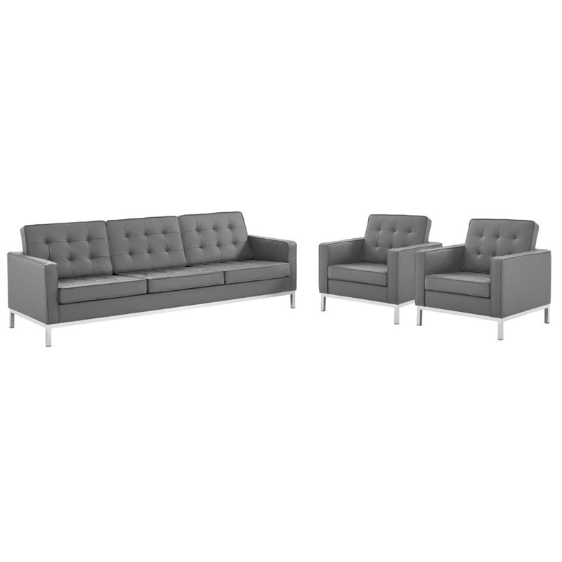 Maklaine 3-Piece Vegan Leather Upholstered Sofa Set in Silver/Gray