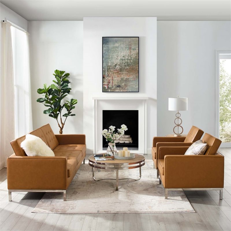 Maklaine 3-Piece Modern Tufted Faux Leather Sofa Furniture Set in Tan