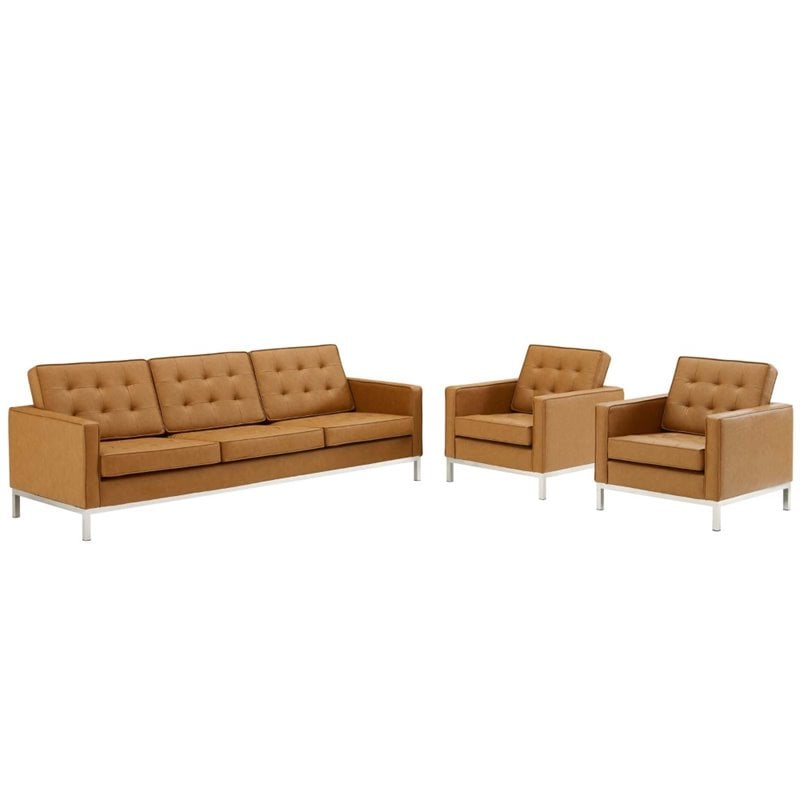 Maklaine 3-Piece Modern Tufted Faux Leather Sofa Furniture Set in Tan