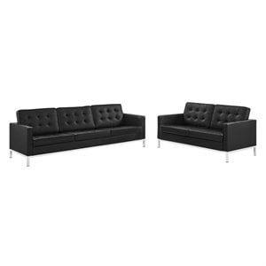 Maklaine 2-Piece Modern Tufted Faux Leather Sofa and Loveseat Set in Black