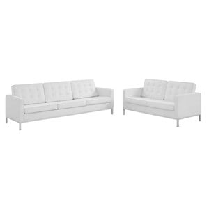 Maklaine 2-Piece Modern Tufted Faux Leather Sofa and Loveseat Set in White