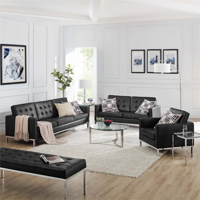 Maklaine 3-Piece Modern Tufted Upholstered Faux Leather Sofa Set in Black