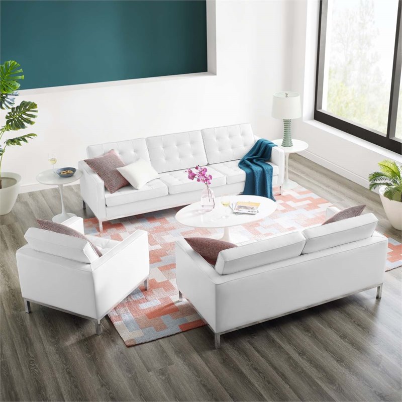 Maklaine 3-Piece Modern Tufted Upholstered Faux Leather Sofa Set in White
