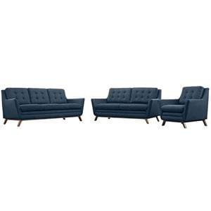 Maklaine Upholstered Fabric and Wood Living Room Set in Azure (Set of 3)