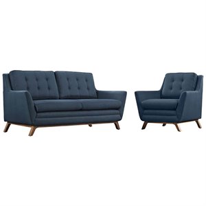 Maklaine Upholstered Fabric and Wood Living Room Set in Azure (Set of 2)