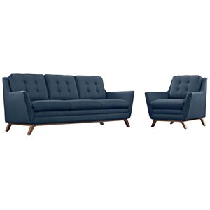 Maklaine Upholstered Fabric and Wood Living Room Set in Azure (Set of 2)