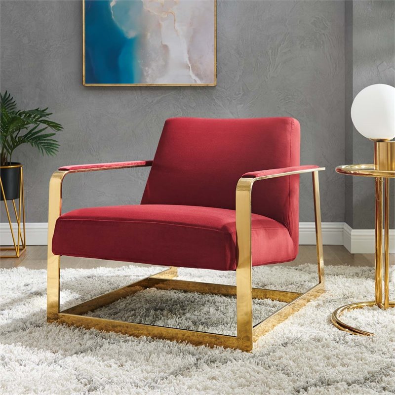 Maklaine Performance Velvet Upholstered Accent Chair in Gold and Maroon Red