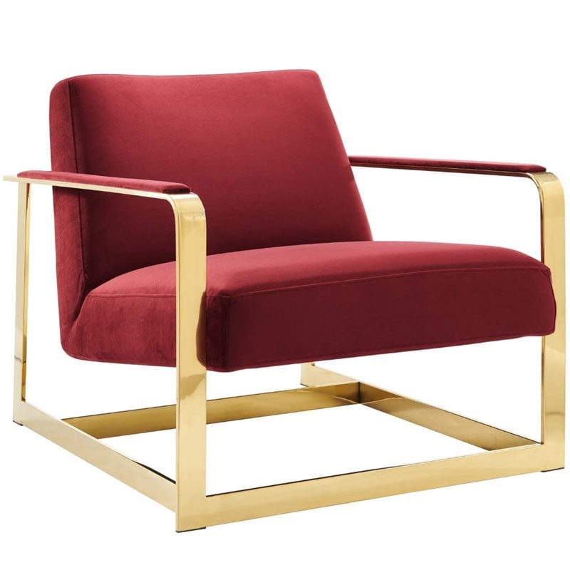 Maklaine Performance Velvet Upholstered Accent Chair in Gold and Maroon Red