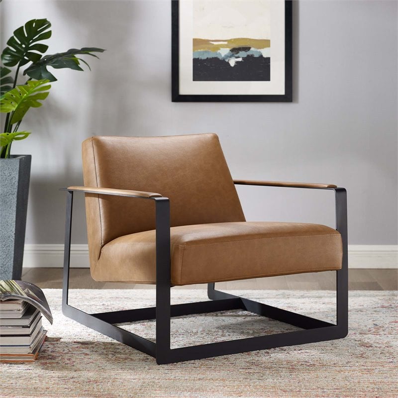 Maklaine Stainless Steel and Vegan Leather Accent Chair in Tan
