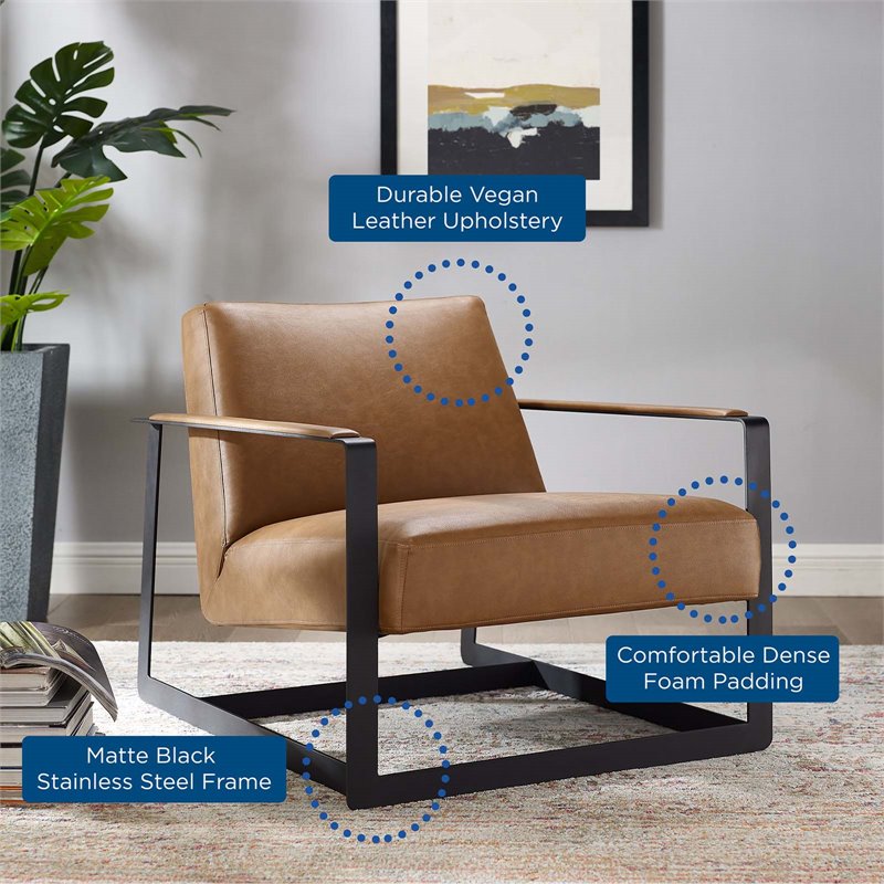 Maklaine Stainless Steel and Vegan Leather Accent Chair in Tan