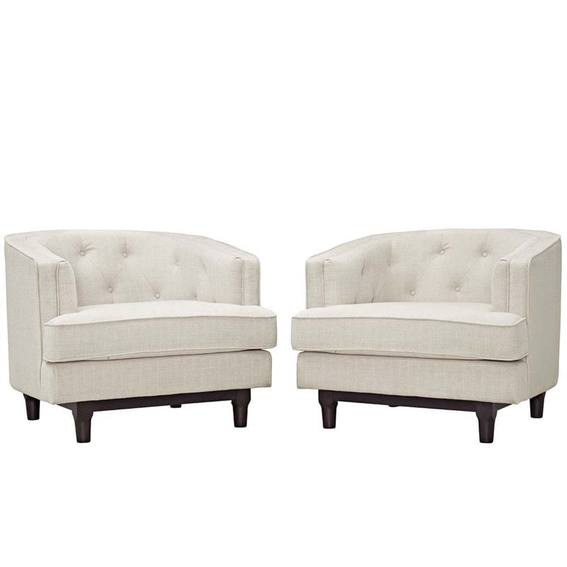 Maklaine Polyester Fabric and Rubberwood Armchairs in Beige (Set of 2)