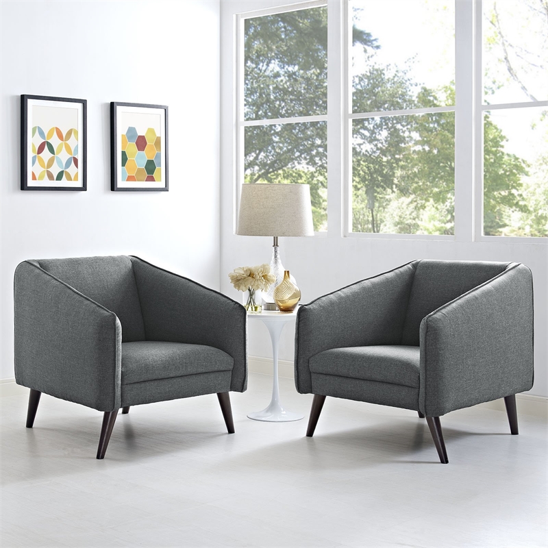 Maklaine Contemporary Armchairs Set of 2 in Gray with Solid Rubberwood Legs
