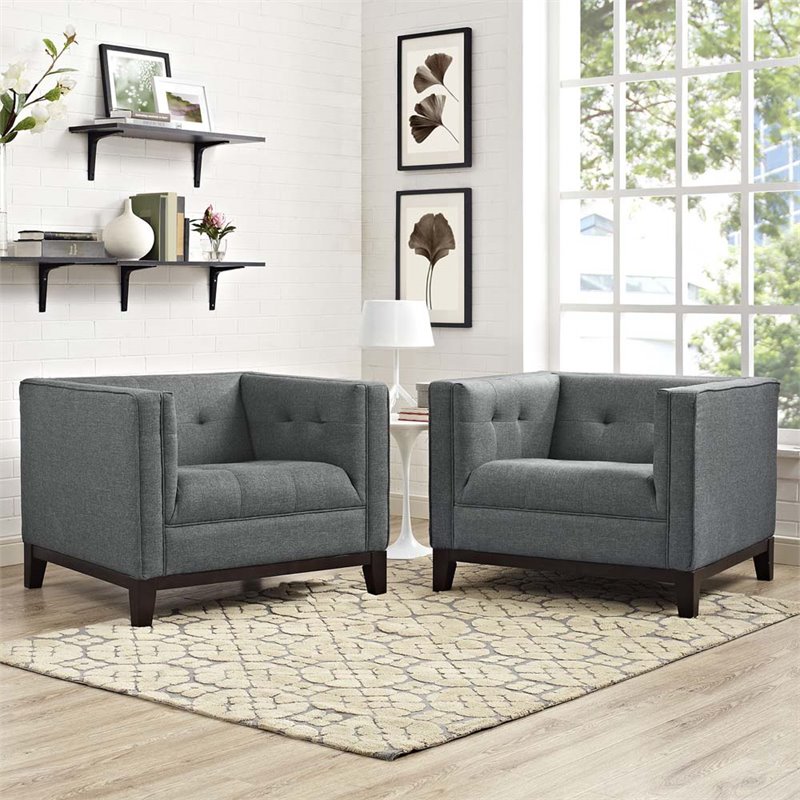 Maklaine Polyester Fabric and Rubberwood Armchairs in Gray (Set of 2)