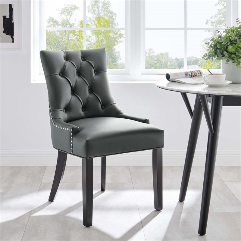 Maklaine Solid Wood and Tufted Vegan Leather Dining Chair in Gray
