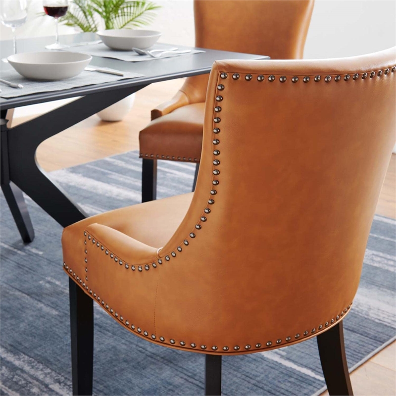 Maklaine Contemporary Solid Wood and Vegan Leather Dining Chair in Tan