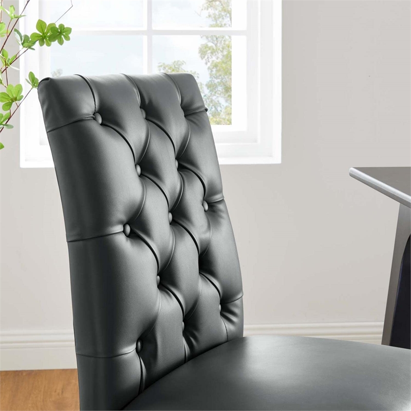 Maklaine Solid Wood and Button Tufted Vegan Leather Dining Chair in Gray