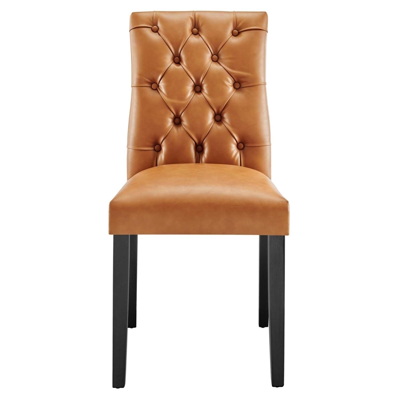Maklaine Solid Wood and Button Tufted Vegan Leather Dining Chair in Tan