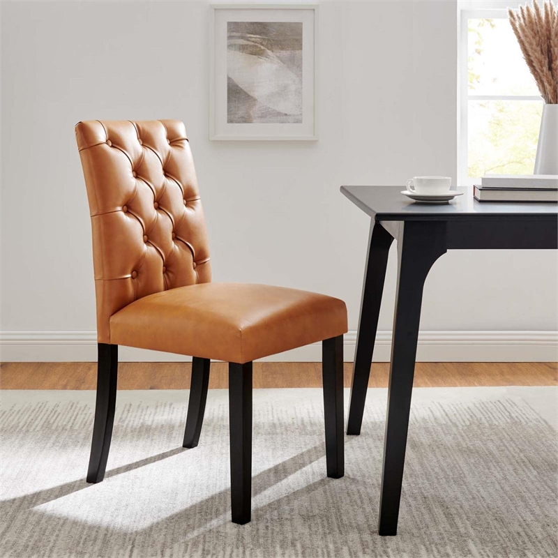 Maklaine Solid Wood and Button Tufted Vegan Leather Dining Chair in Tan