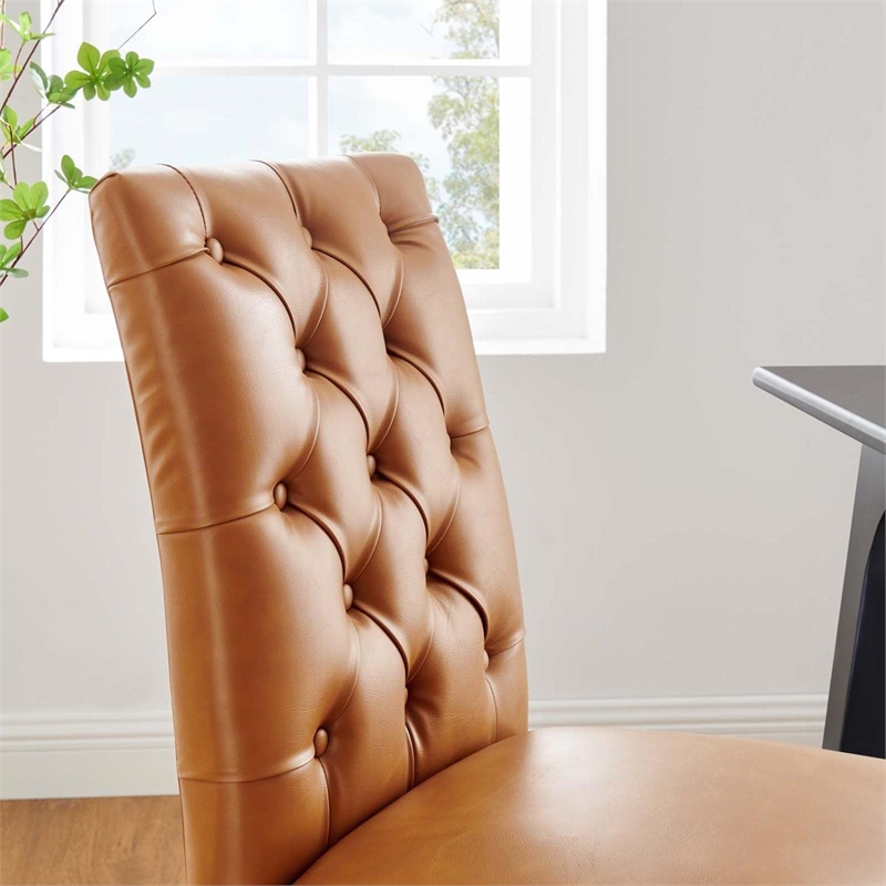 Maklaine Solid Wood and Button Tufted Vegan Leather Dining Chair in Tan