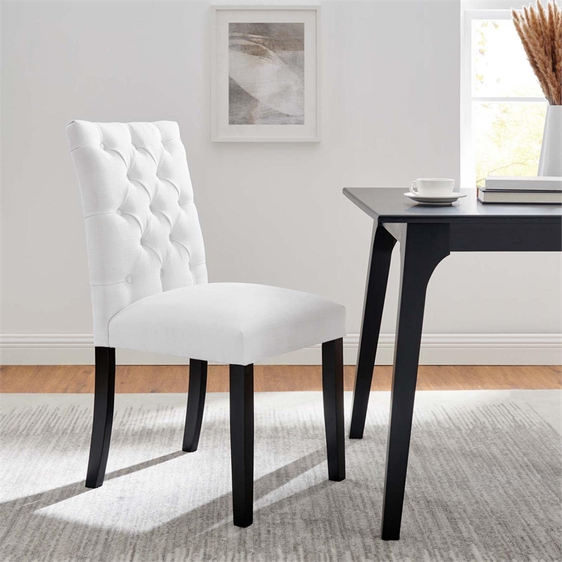 Maklaine Solid Wood and Button Tufted Fabric Dining Chair in White