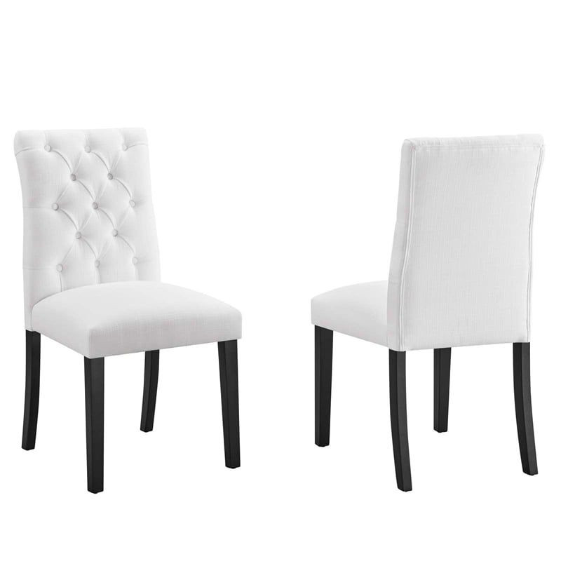 Maklaine Polyester Fabric and Solid Wood Dining Chair in White (Set of 2)