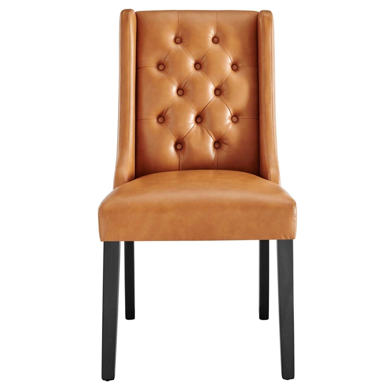 Maklaine Solid Wood and Button Tufted Vegan Leather Dining Chair in Tan