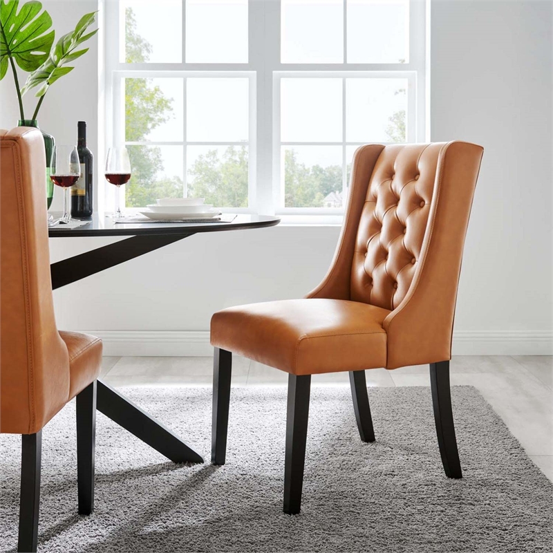Maklaine Solid Wood and Button Tufted Vegan Leather Dining Chair in Tan