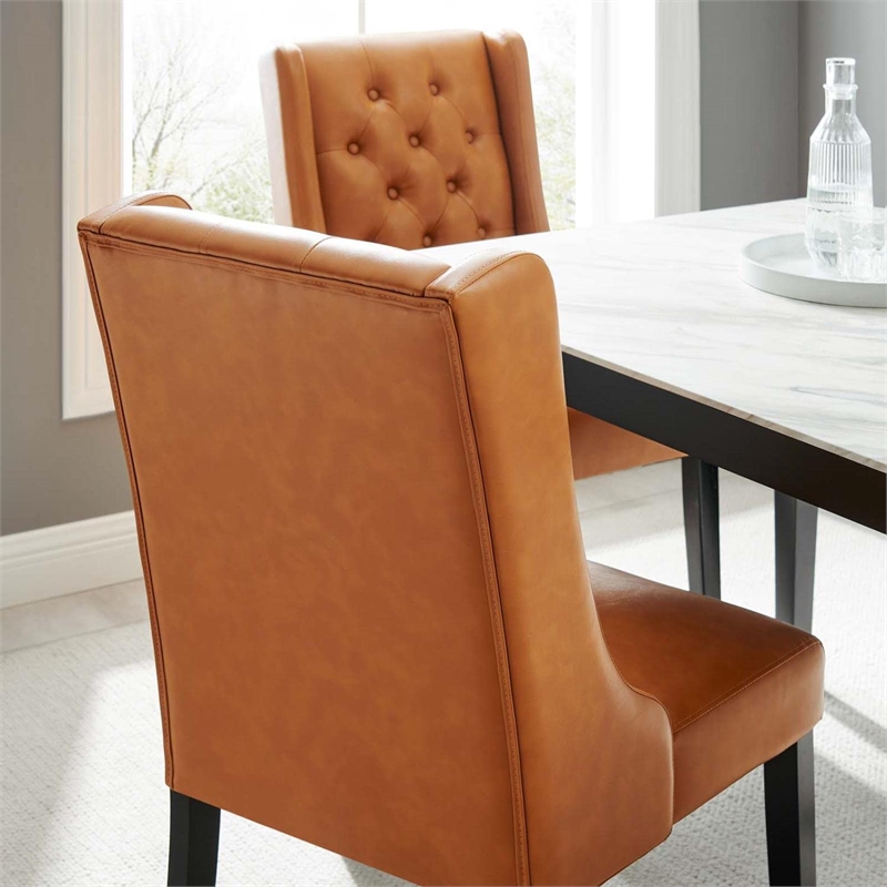 Maklaine Solid Wood and Button Tufted Vegan Leather Dining Chair in Tan