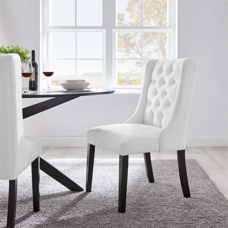 Maklaine Solid Wood and Button Tufted Fabric Dining Chair in White