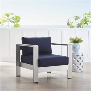 Maklaine Fabric Aluminum Outdoor Patio Armchair in Silver Navy