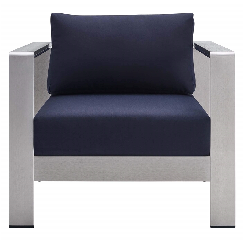 Maklaine Fabric Aluminum Outdoor Patio Armchair in Silver Navy