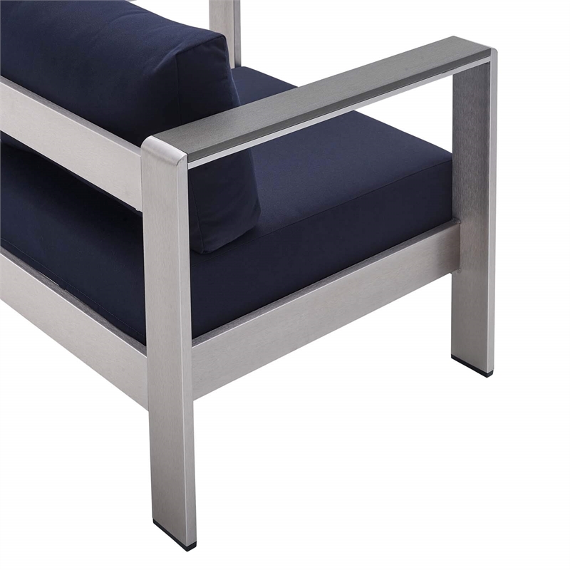 Maklaine Fabric Aluminum Outdoor Patio Armchair in Silver Navy