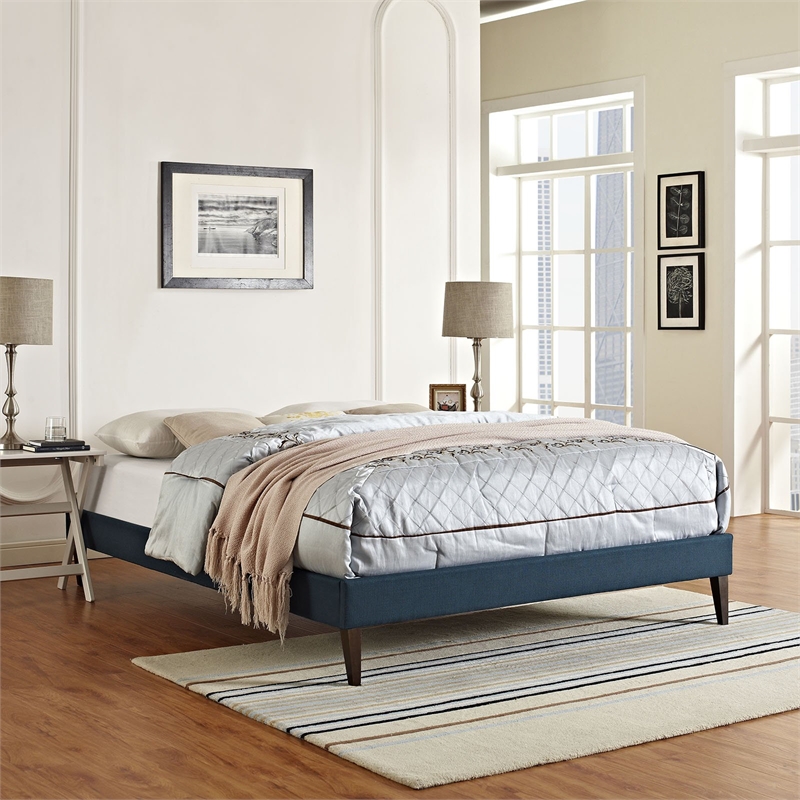 Maklaine Fabric Full Bed Frame with Squared Tapered Legs in Azure
