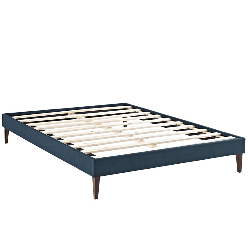 Maklaine Fabric Full Bed Frame with Squared Tapered Legs in Azure