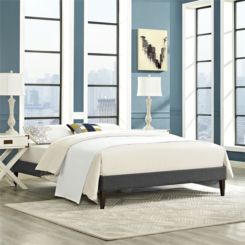 Maklaine Mid-Century Fabric Upholstered Full Platform Bed in Gray