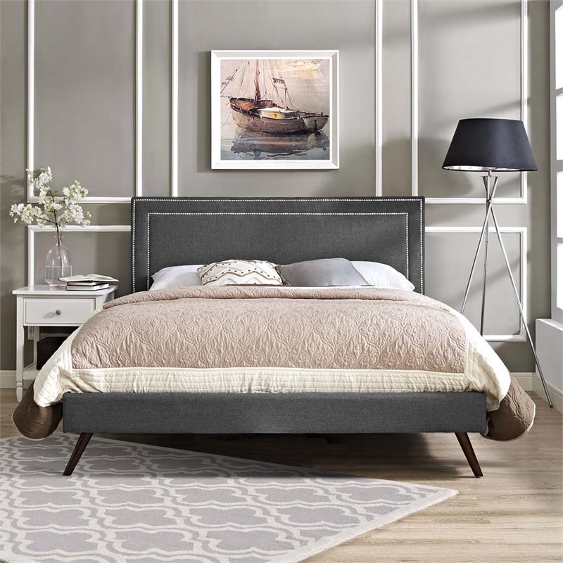 Maklaine Contemporary Fabric Upholstered Queen Platform Bed in Gray