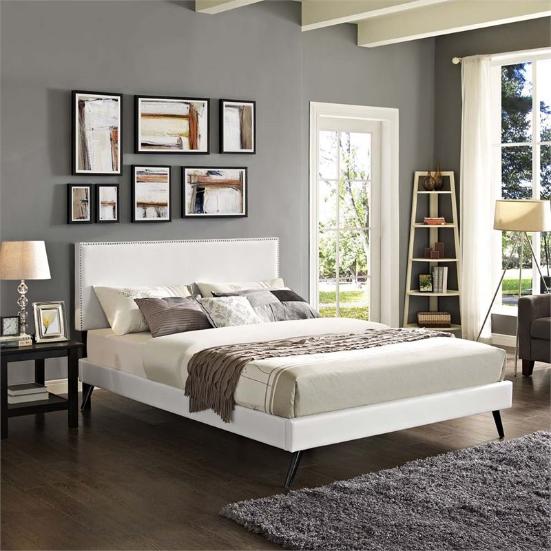 Maklaine Contemporary Vinyl Upholstered Full Platform Bed in White