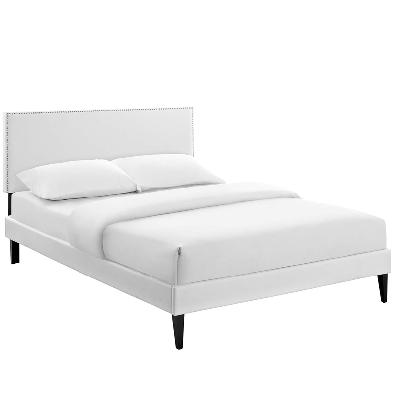 Maklaine Vinyl Full Platform Bed with Squared Tapered Legs in White